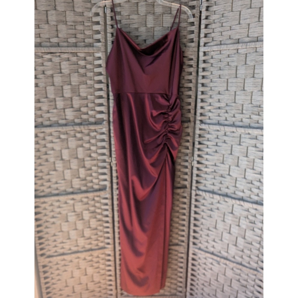 Betsy & Adam Burgundy Satin Cowl Neck Ruched Side Slit Maxi Dress‎ Formal Gown 6
